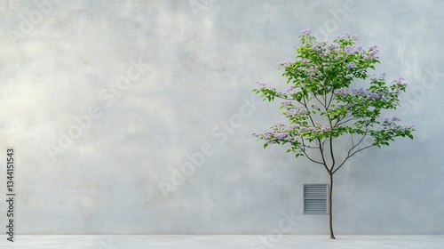 Purple flowers bloom on a tree, creating a striking contrast against an ancient gray wall featuring rustic wooden shutters