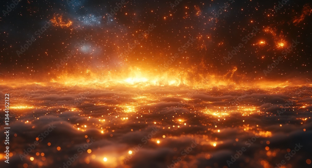 Starry Gold Sparkles in Dark Space with Glowing Illumination and Surreal Background Starry Gold Sparkles in Dark Space with Glowing Illumination and Surreal Background