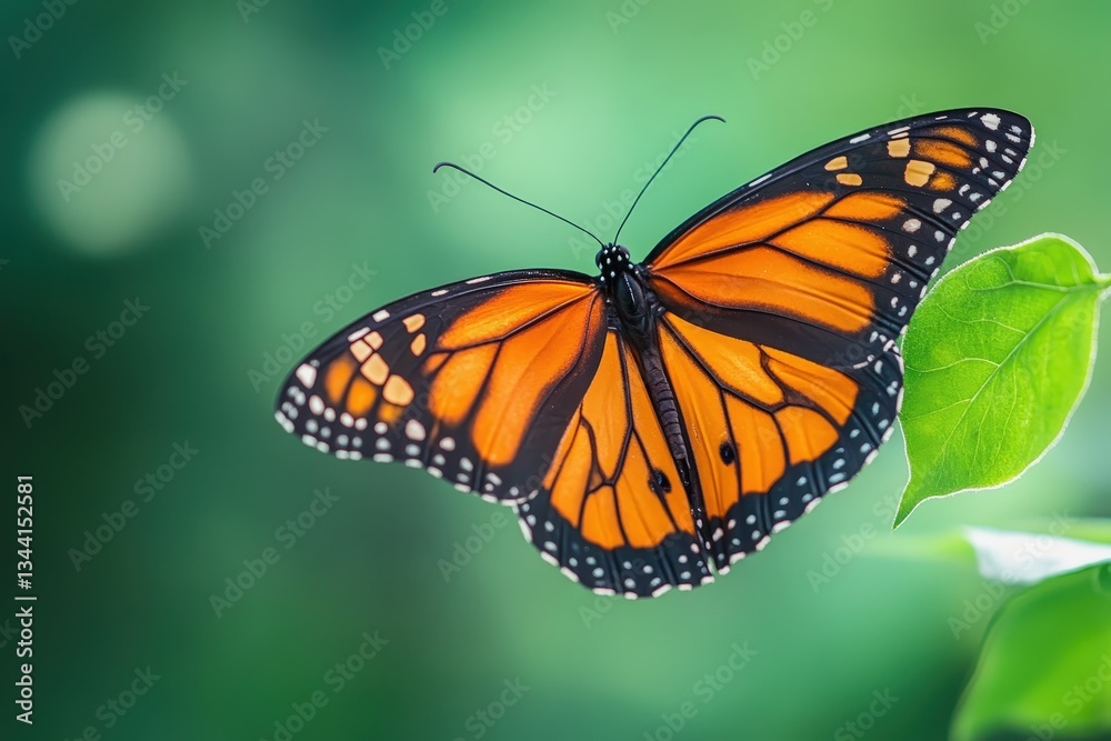 A vibrant orange and black butterfly perched on a green leaf A vibrant orange and black butterfly perched on a green leaf
