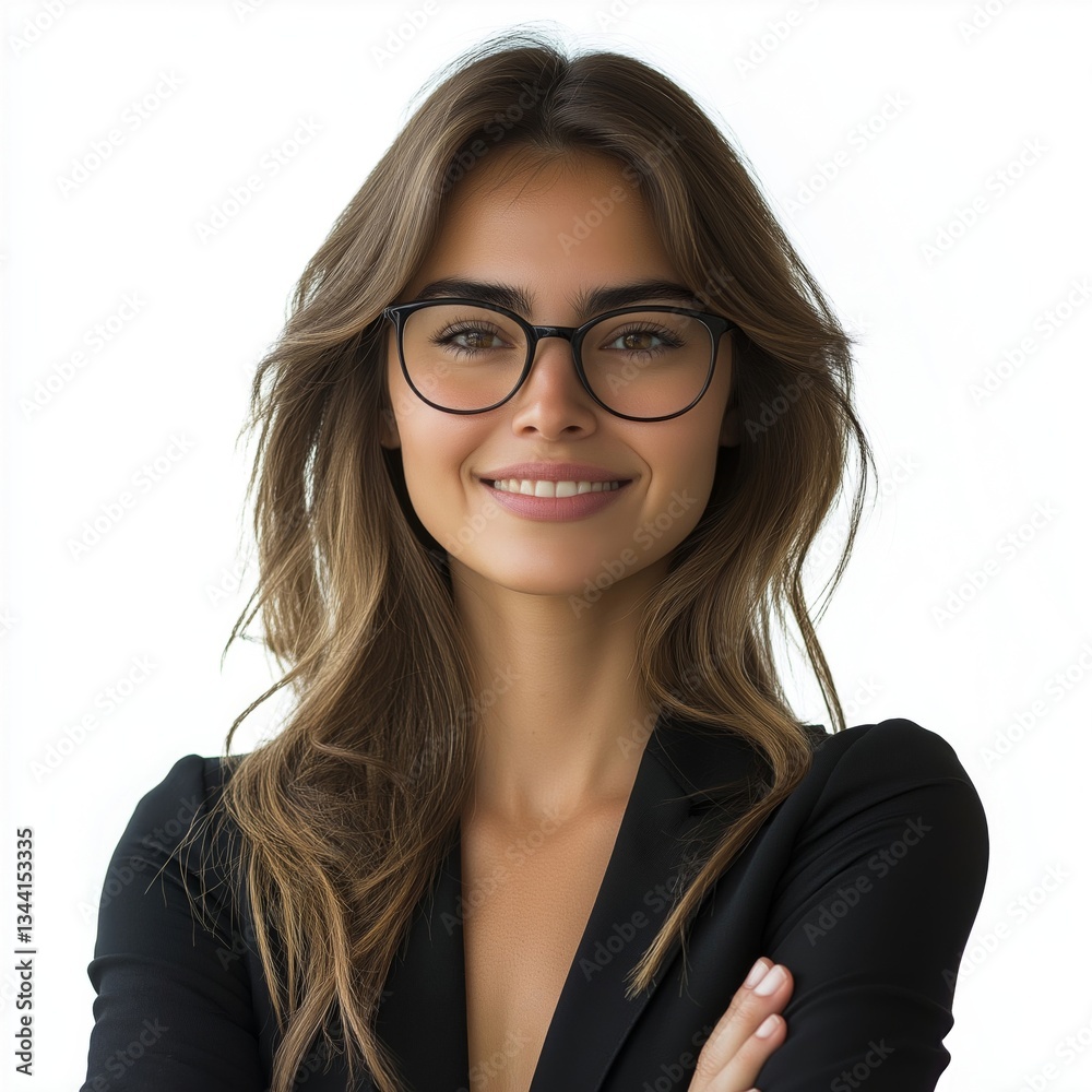 Obraz premium Smiling young woman with long brown hair and glasses, exuding confidence and warmth against a light background.