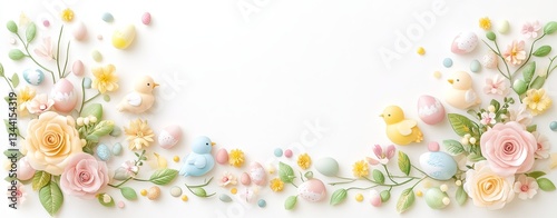 Easter Illustration pastel Colorful floral arrangement with pastel decorations. Festive Easter mockup, pastel bunny frame, soft floral Easter design