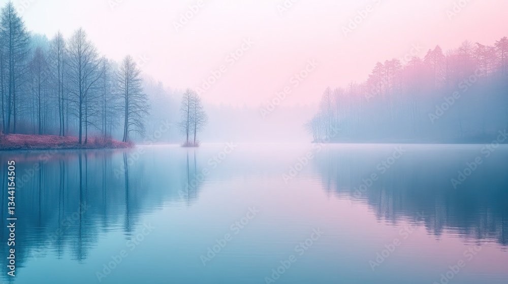 Fototapeta premium Serene misty lake reflecting pastel sunrise, bare trees on shores.