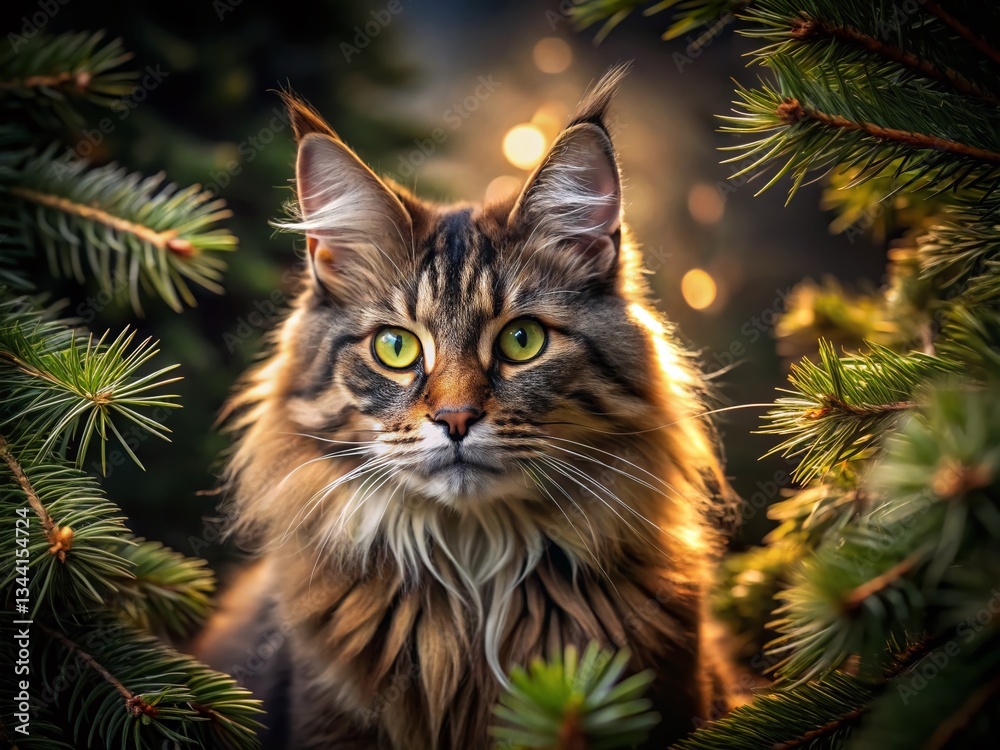 Fototapeta premium Majestic Maine Coon Cat in Sun-Dappled Pine Trees - Low Light Photography