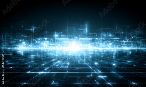 Futuristic cityscape, digital network, glowing lines, abstract technology background, bright horizon, connectivity concept.