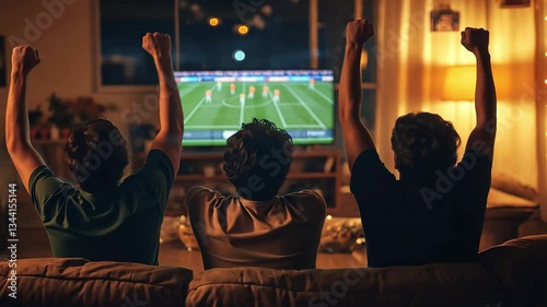 Back view of men watching a soccer match together on TV, cheering for their team in a living room at night. Atmosphere for a game night	