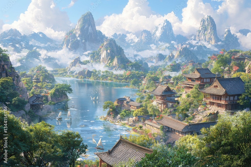 Fototapeta premium Tranquil Oriental Landscape with Mountain Village.