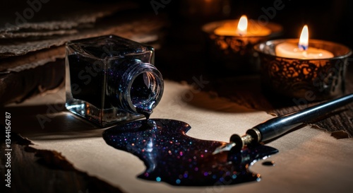Vintage ink bottle with spilled shimmering ink, dip pen, and burning candles on rustic paper background, evoking a nostalgic and artistic atmosphere