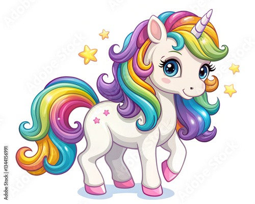 Cute unicorn with rainbow hair. Cute unicorn cartoon isolated on white background.