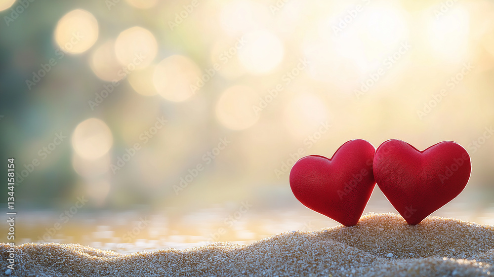 Fototapeta premium Two red hearts resting on golden sand create romantic scene, illuminated by soft sunlight and dreamy bokeh background. This evokes feelings of love and warmth