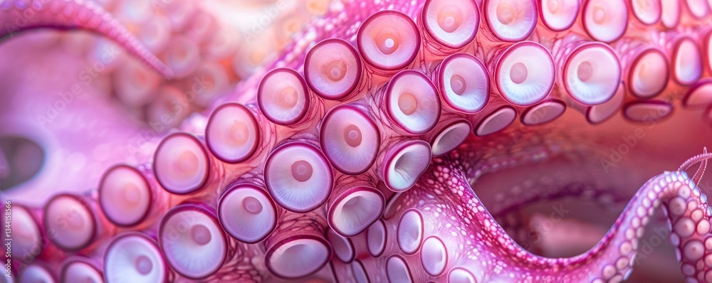 Fototapeta premium Close-up on the pink octopus arm in the ocean with suckers and vibrant color
