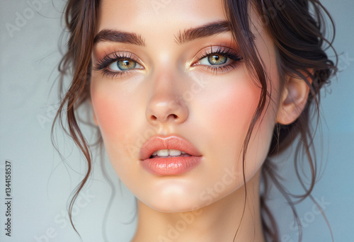 Radiant young woman with flawless skin and natural makeup looking captivatingly at the viewer against a soft gray background