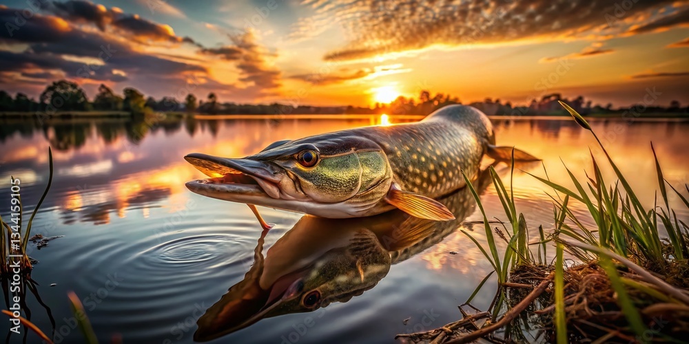 Fototapeta premium Majestic Northern Pike: Long Exposure Lake Catch, Sweden