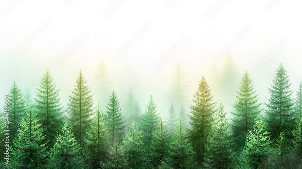 Fototapeta premium serene watercolor illustration of lush pine forest, showcasing tall evergreen trees shrouded mist. soft green hues create tranquil atmosphere, inviting sense of peace and connection with nature