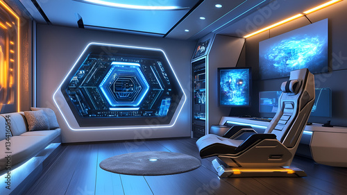Futuristic control room with advanced digital interfaces and ergonomic command chair
