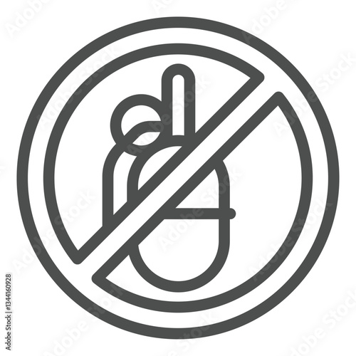 Grenade bomb forbidden line icon, stop war concept. Vector graphics. Military offensive explosives prohibited sign on white background, outline style icon for mobile or web design.