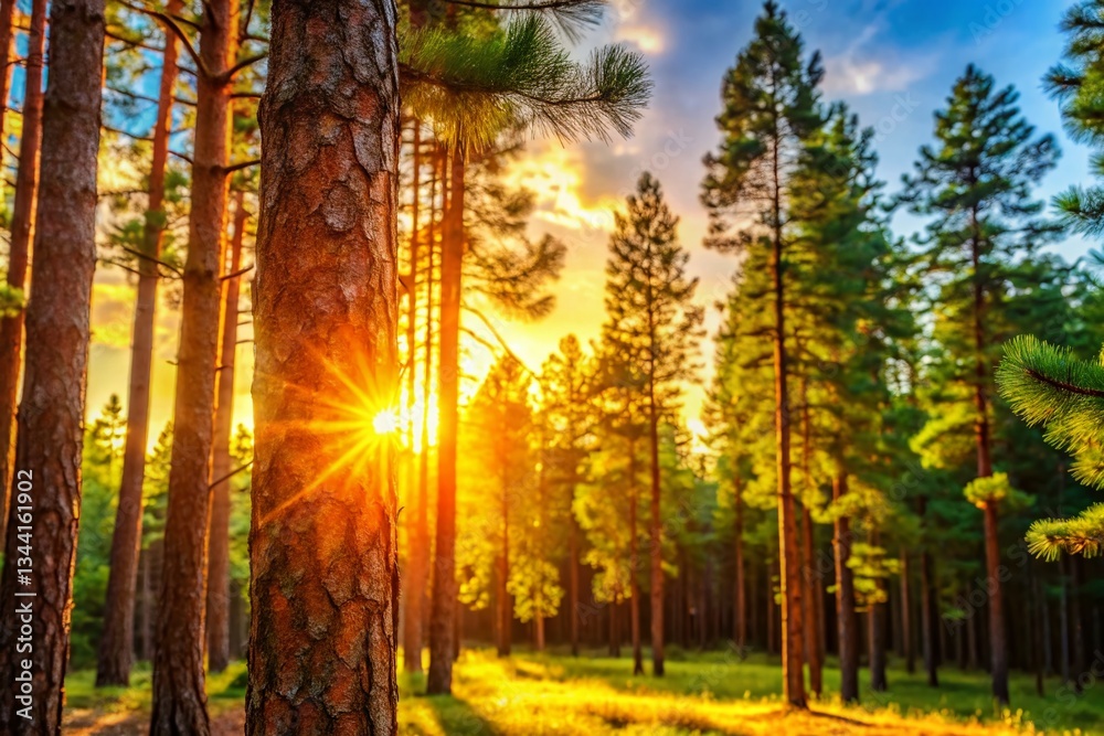 Fototapeta premium Majestic Pine Trees: Scenic Nature Background with Copy Space for Text