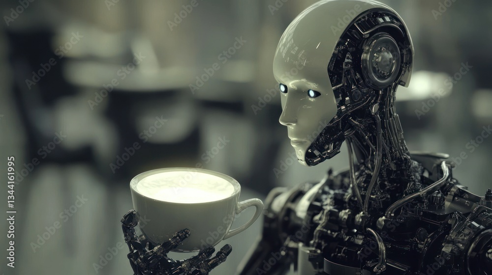 Fototapeta premium Robot enjoying coffee in cafe