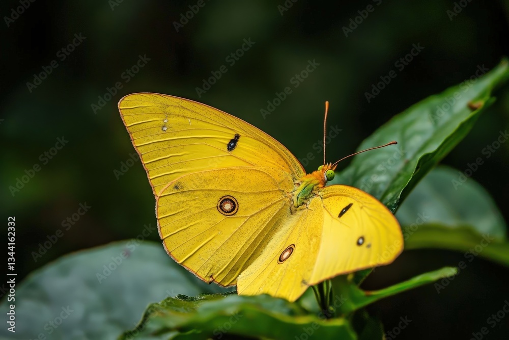 Fototapeta premium A beautiful yellow butterfly with markings resting on a green leaf