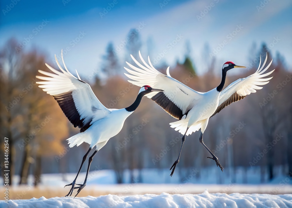 Fototapeta premium Majestic Red-Crowned Cranes in Flight, Hokkaido, Japan - Tilt-Shift Photography