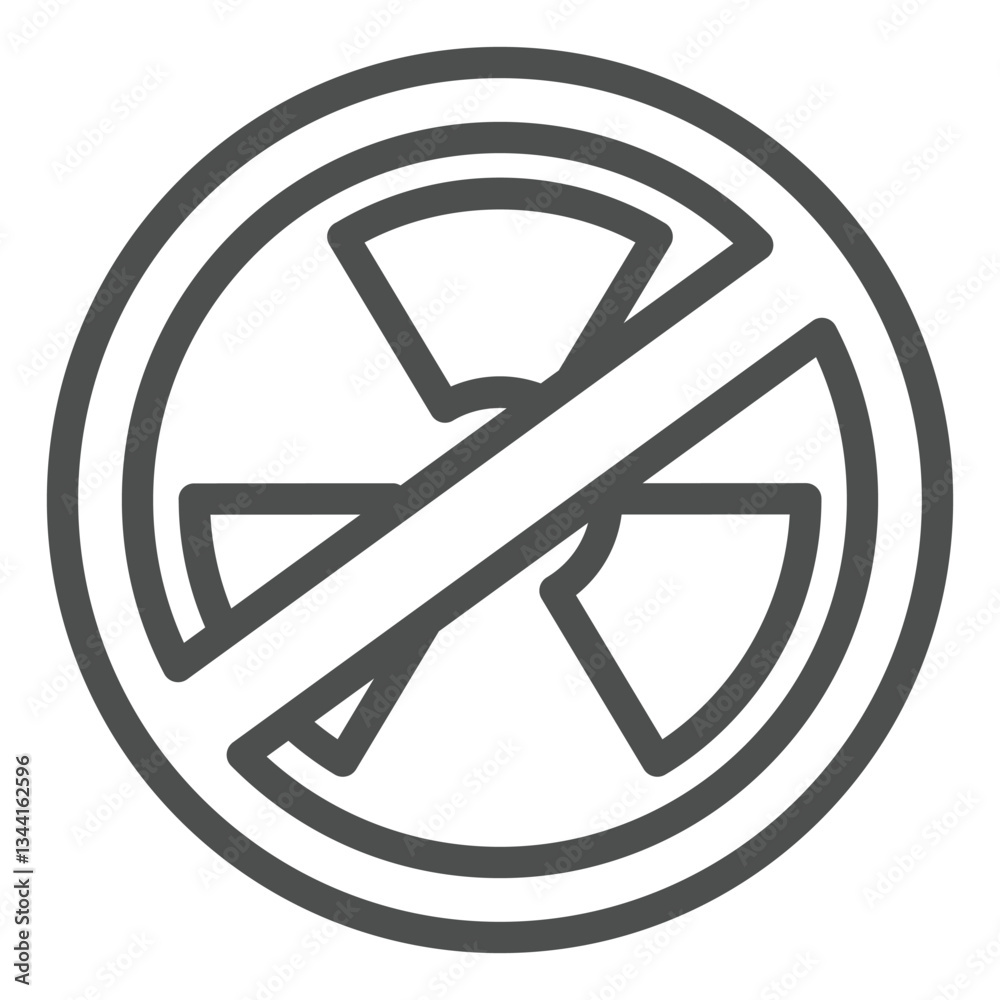 Radioactive materials forbidden line icon, stop war concept. Vector graphics. Nuclear radiation danger prohibited sign on white background, outline style icon for mobile or web design. Radioactive materials forbidden line icon, stop war concept. Vector graphics. Nuclear radiation danger prohibited sign on white background, outline style icon for mobile or web design.