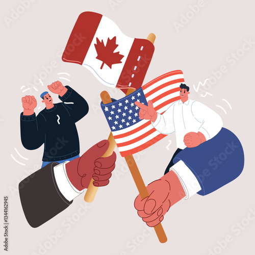 Cartoon vector illustration of two men brandishing American and Canadian flags, locked in a heated shouting match that symbolizes a fierce trade war showdown