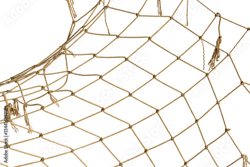 Torn Football or tennis net. Rope mesh on a white background close-up