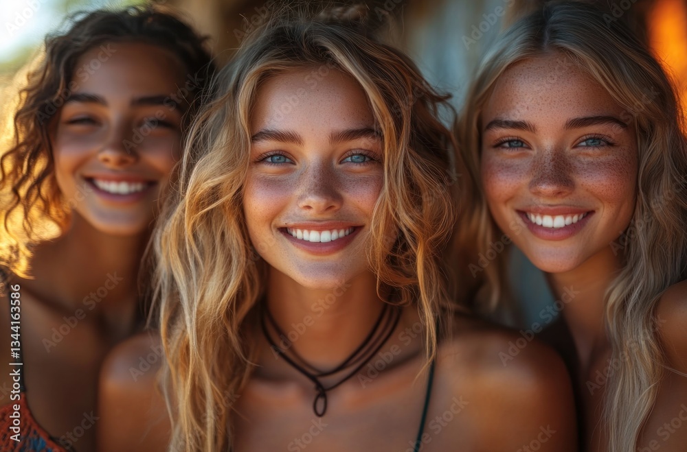 Happy Friends Group Portrait Smiling Together in Summer Park Sunshine
