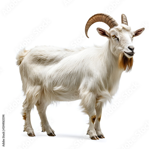 A highly detailed, photorealistic billy goat standing in side view, isolated on a white background. With curved horns, a thick white and brown coat, and piercing eyes, this cinematic shot captures the