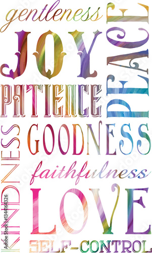 Fruits of the spirit typography in rainbow colors. List of the fruits of the spirit. Christian poster in vertical orientation. Illustrated religious scripture