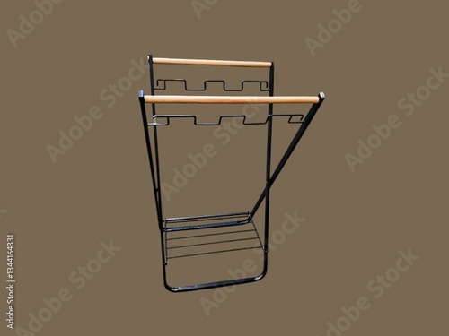The brown background in the picture is a garbage bag hanger with a black iron frame and a wooden handle. It is used to hang garbage bags for use in the kitchen. It is lightweight and has a solid.
