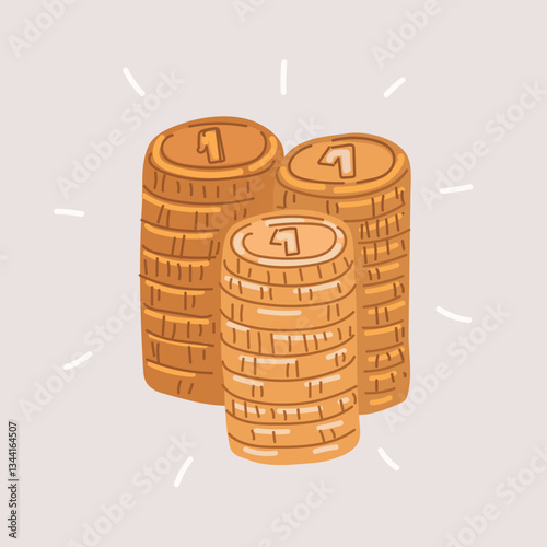 Cartoon vector illustration of stacks of golden coins, symbolizing wealth, abundance, and prosperity