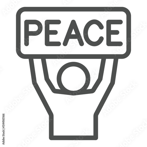 Man with peace text poster line icon, stop war concept. Vector graphics. Human with protest paper banner sign on white background, outline style icon for mobile or web design.