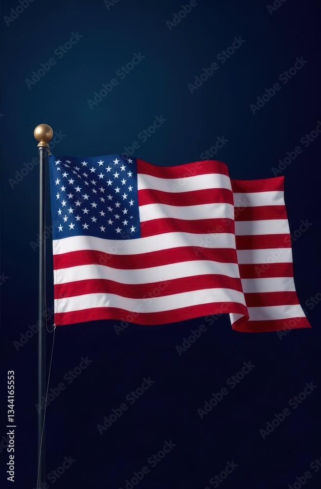 Obraz premium American flag waving on flagpole against dark blue background