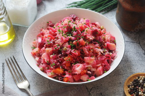 A bowl with Vinegret salad, a typical Russian dish	