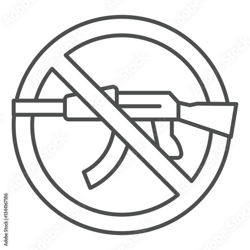 Ak47 Kalashnikov rifle forbidden thin line icon, stop war concept. Vector graphics. Assault riffle gun prohibited sign on white background, outline style icon for mobile or web design.