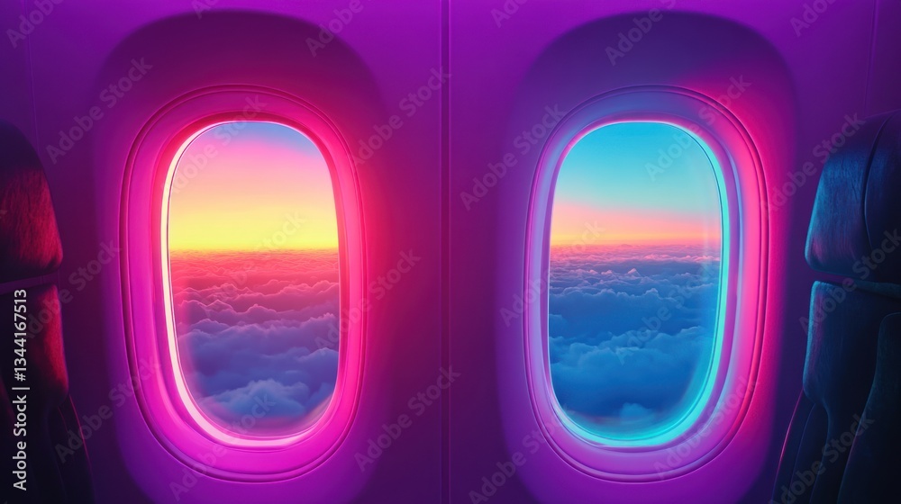 Obraz premium Airplane windows sunrise vibrant interior