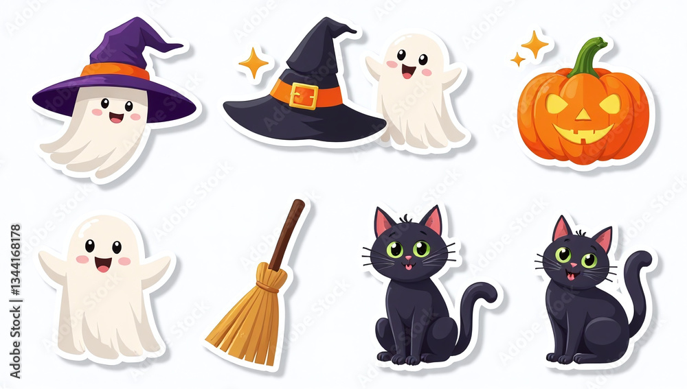halloween sticker set includes ghost hat broom black cat pumpkin designs suitable cards posters stickers flat cartoon halloween sticker set includes ghost hat broom black cat pumpkin designs suitable cards posters stickers flat cartoon