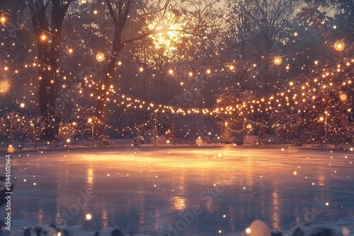 Magical Winter Wonderland Enchanting Ice Rink with String Lights at Sunset
