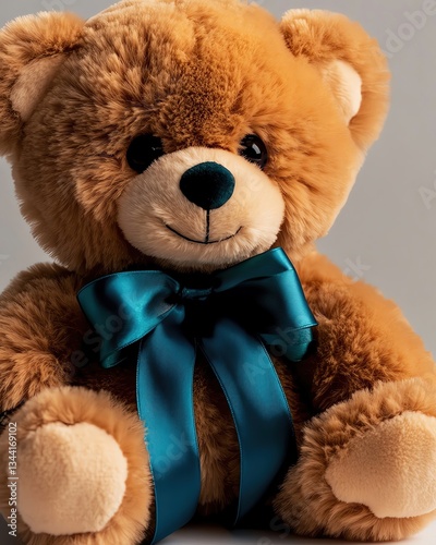 Cute plush teddy bear with a blue bow.