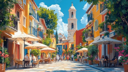 Mediterranean Street Scene in Saint-Tropez France Dining Umbrellas Colorful Buildings Artwork
