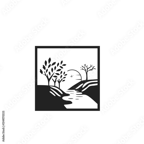 silhouettes of mountains, forests and rivers