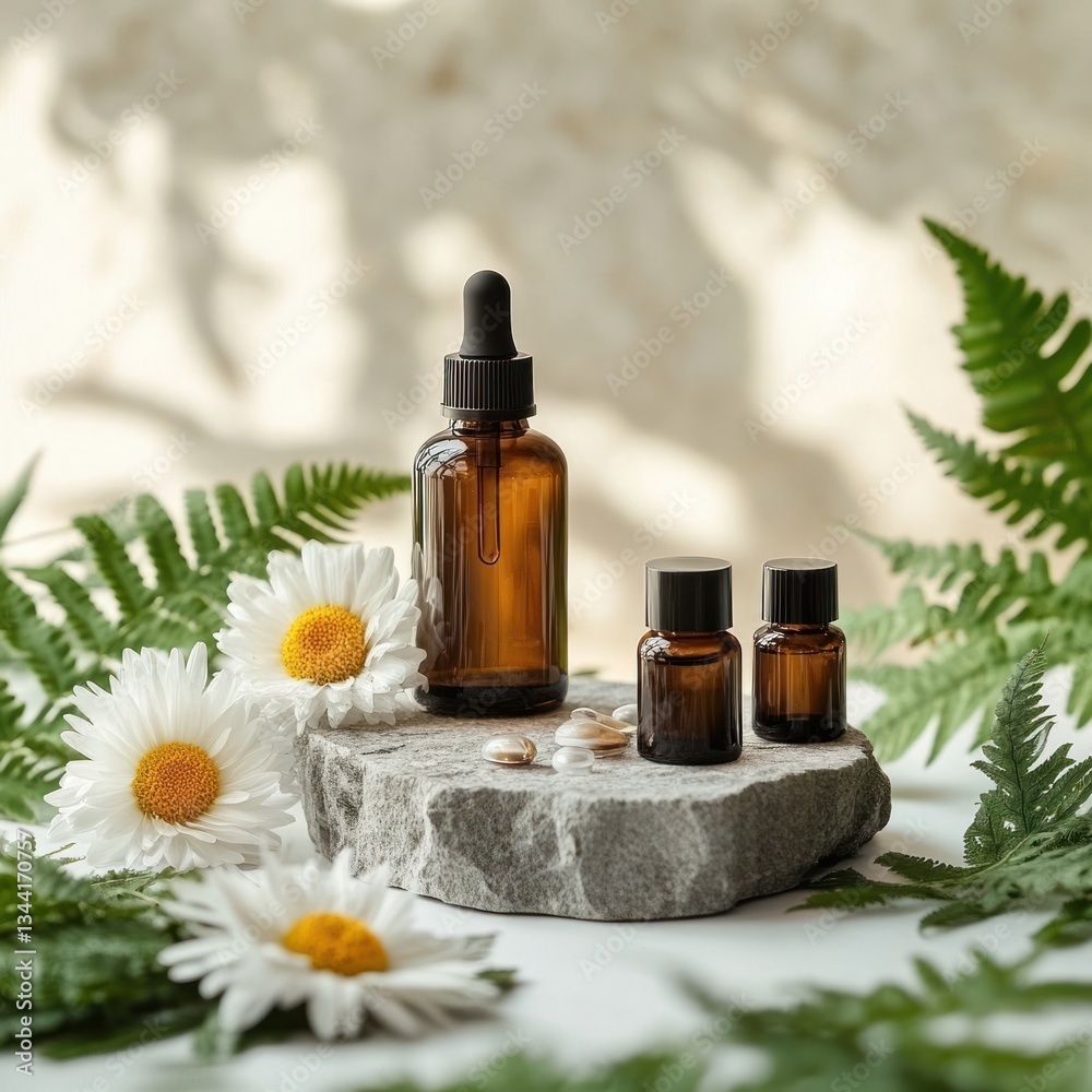 Elegance in Nature: Brown Bottles with Daisies on Stone for Wellness Concept Elegance in Nature: Brown Bottles with Daisies on Stone for Wellness Concept