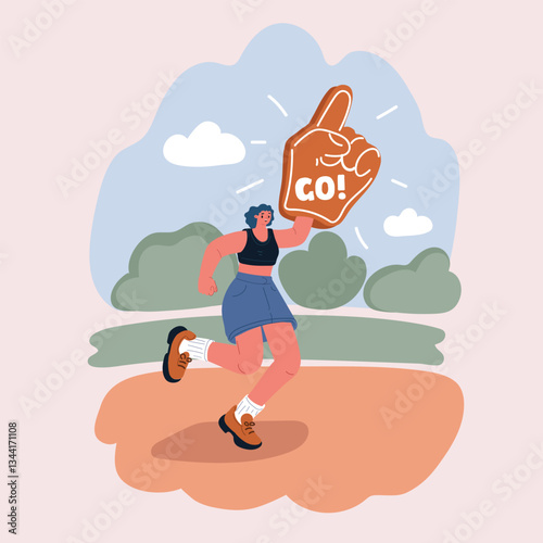 Cartoon vector illustration of a woman jumping with a foam hand, full of excitement and cheering.