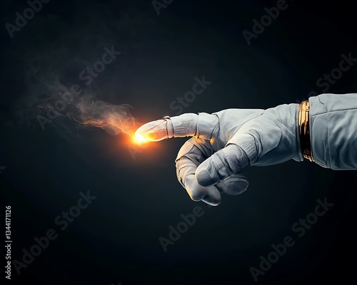 Astronauts fingertip with cosmic spark.
