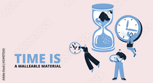 Vector illustration of individuals manipulating time by adjusting clock hands, deconstructing moments, and lounging within hourglasses, immersed in procrastination.