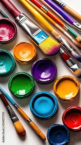 Colorful paint supplies for artistic creativity.