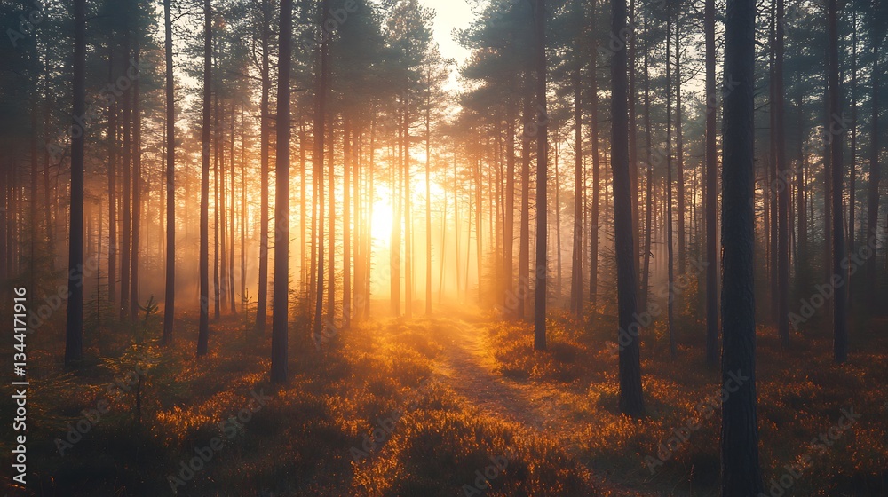 Fototapeta premium Sun rays through misty pine forest at dawn.