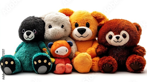 A collection of colorful teddy bears together.