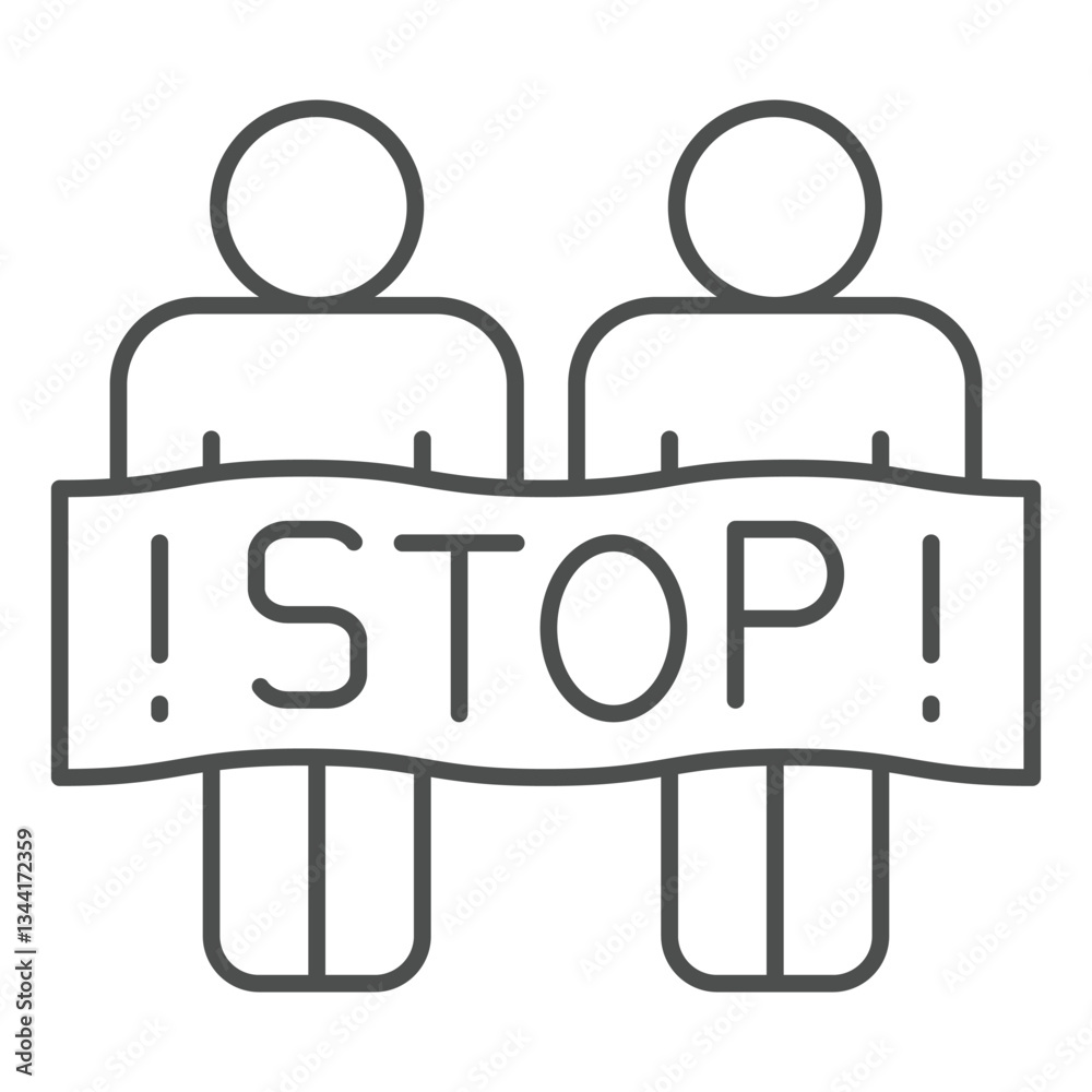 Obraz premium People with stop text poster thin line icon, stop war concept. Vector graphics. Humans with protest paper banner sign on white background, outline style icon for mobile or web design.