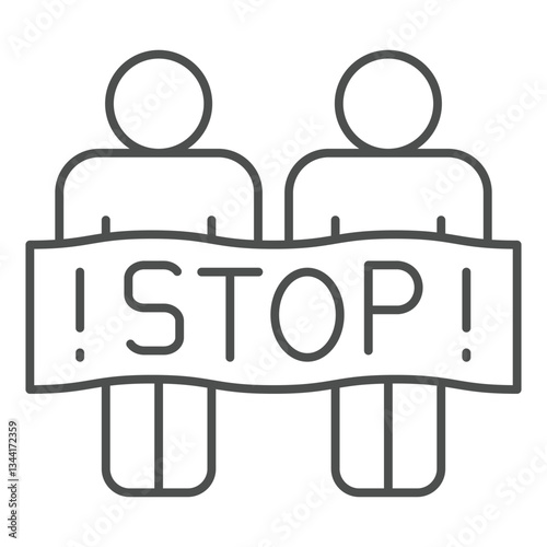 People with stop text poster thin line icon, stop war concept. Vector graphics. Humans with protest paper banner sign on white background, outline style icon for mobile or web design.